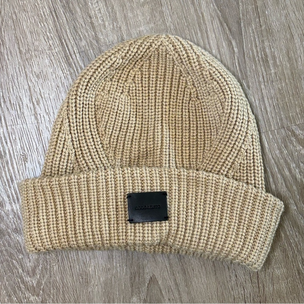 ALLSAINTS TRAVELING RIB KNIT BEANIE HAT WOOL BLEND TAN STOCKING CAP QUIET LUXURY